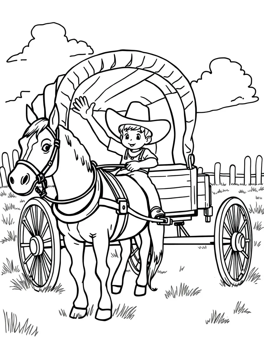 (Texas) A child waving from a horse-drawn wagon
