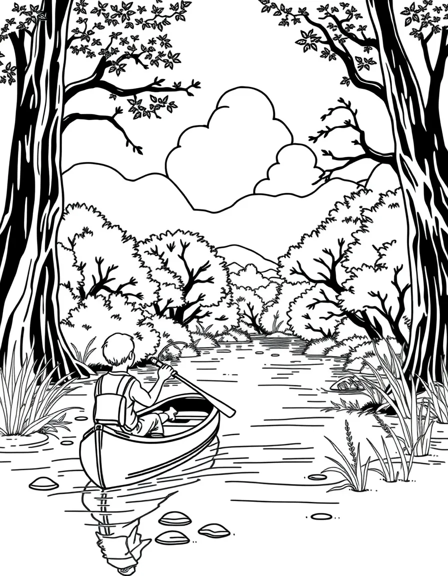 (Texas) A river with a fishing boy and canoe