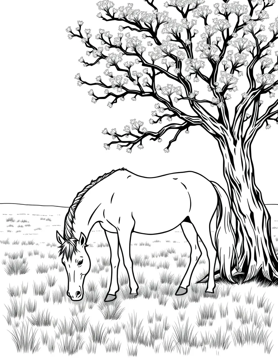 (Texas) A horse grazing under a mesquite tree