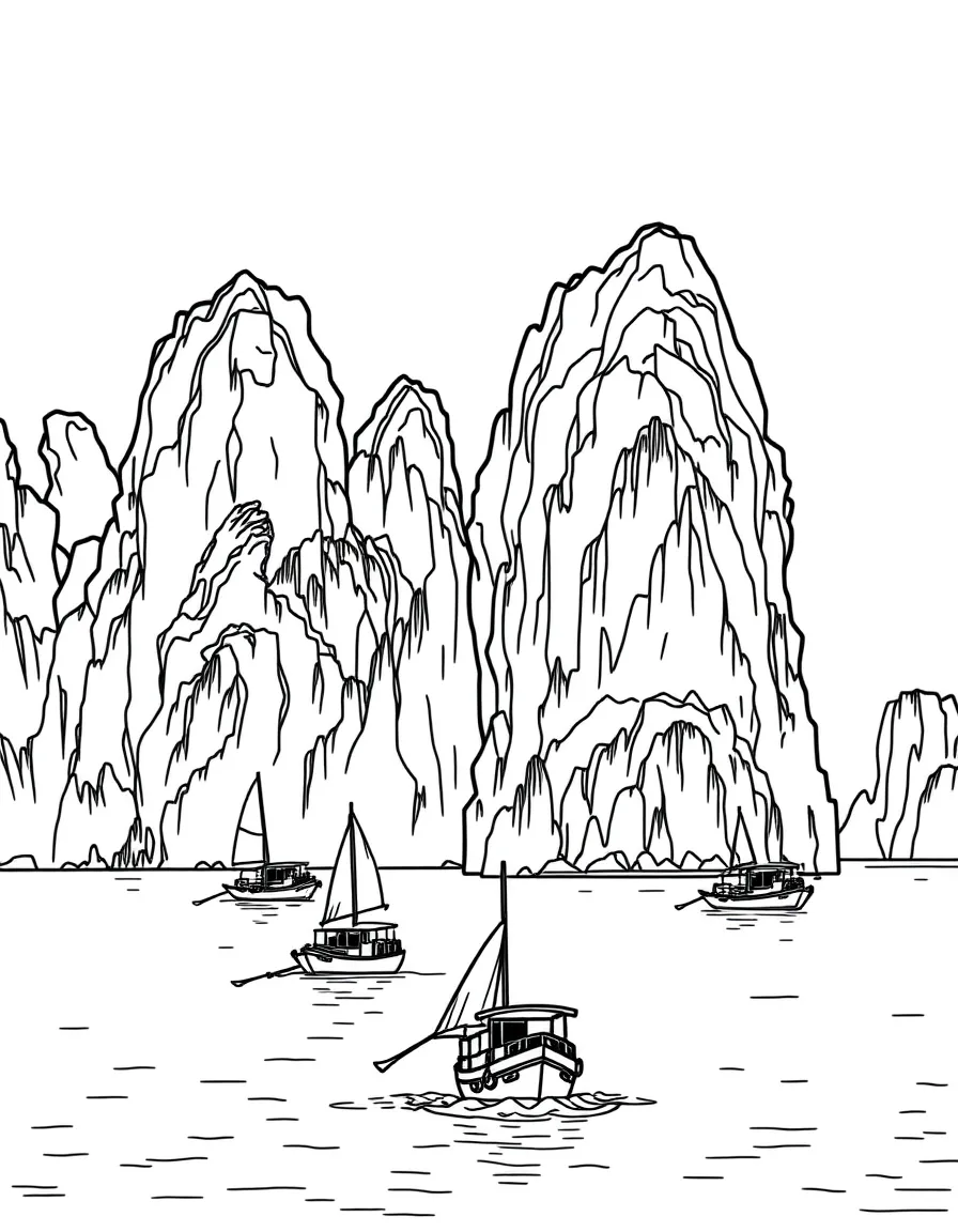 (Vietnam) Boats sailing among the tall limestone islands of Ha Long Bay.