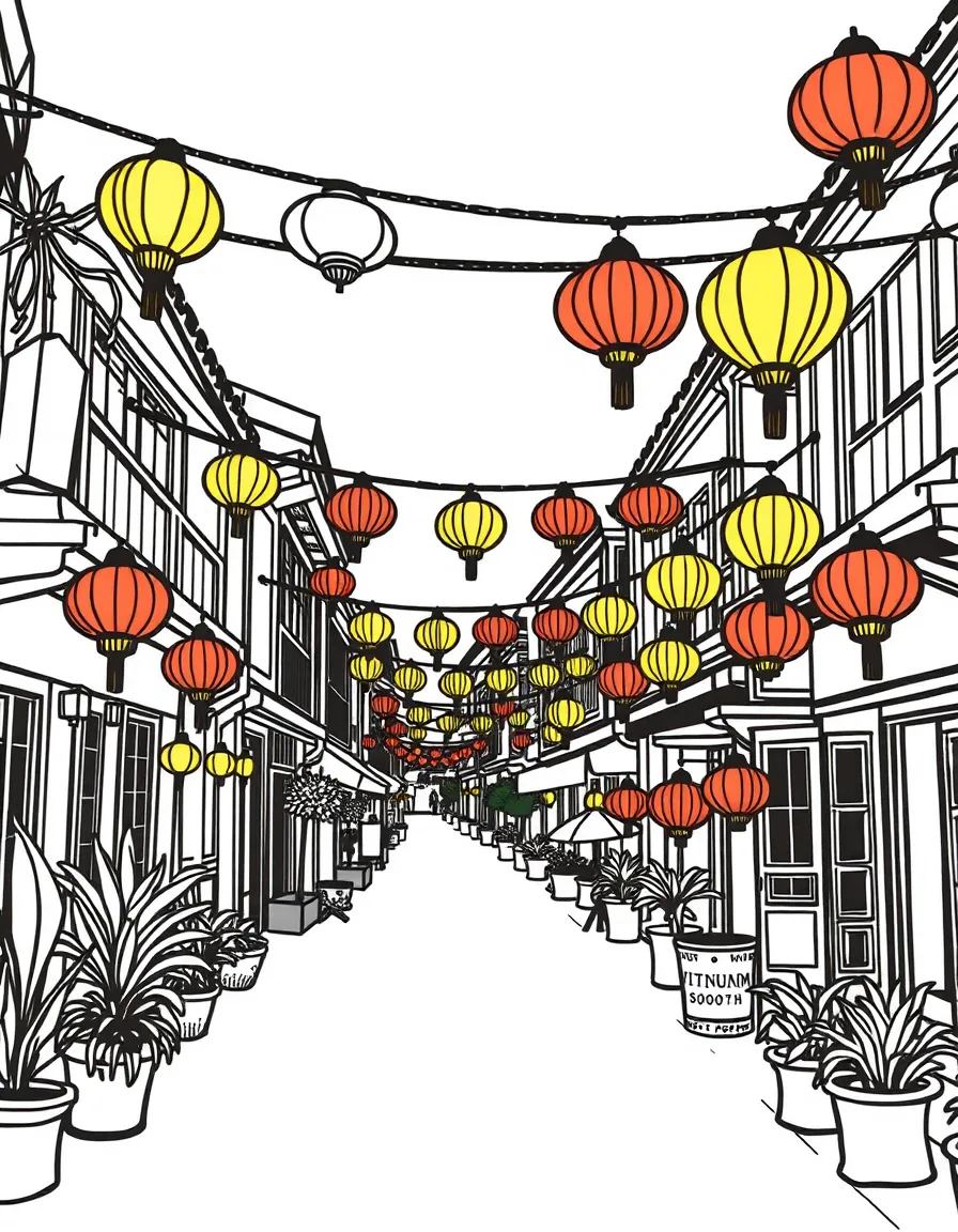 (Vietnam) The old town of Hội An at night with many colorful lanterns hanging across the streets.