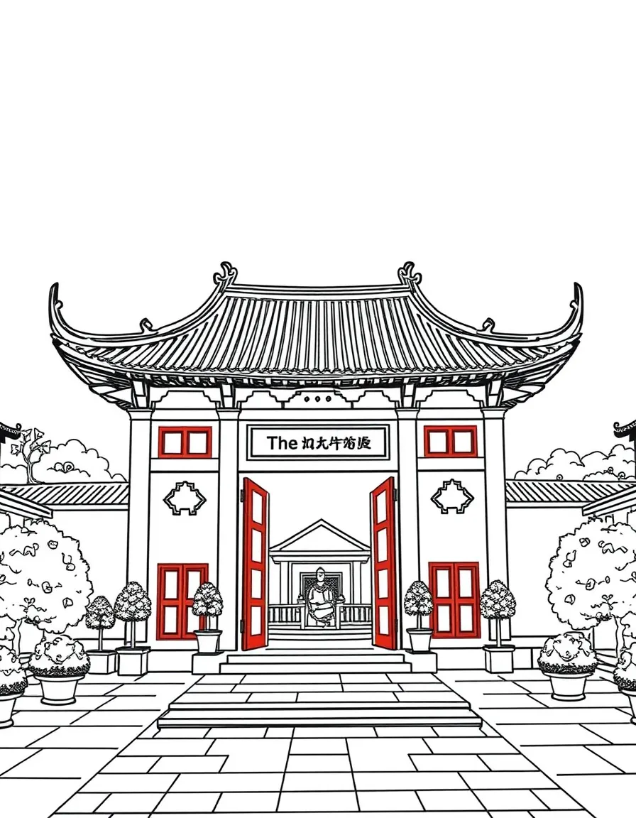 (Vietnam) The Temple of Literature in Hanoi with its red gates and peaceful courtyards.