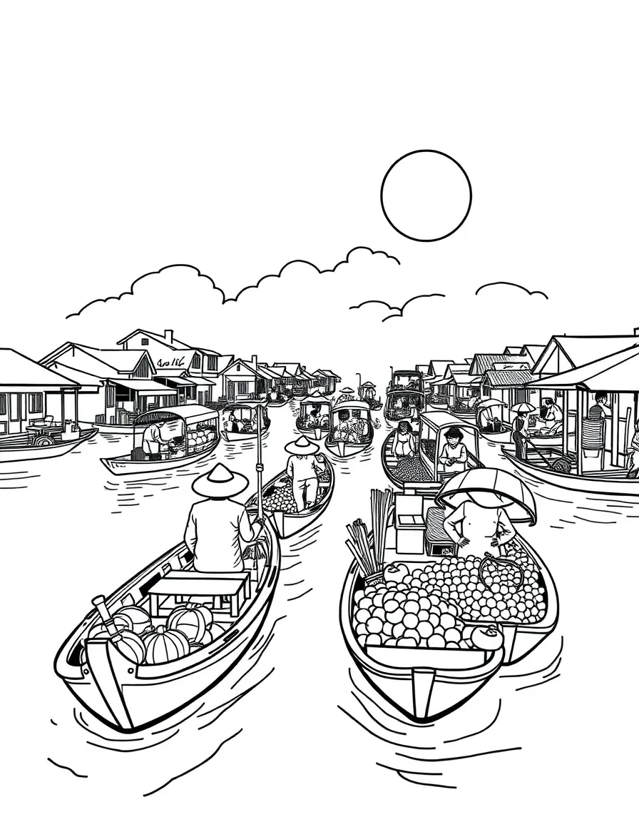 (Vietnam) A busy floating market in the Mekong Delta with boats selling fruits and vegetables.