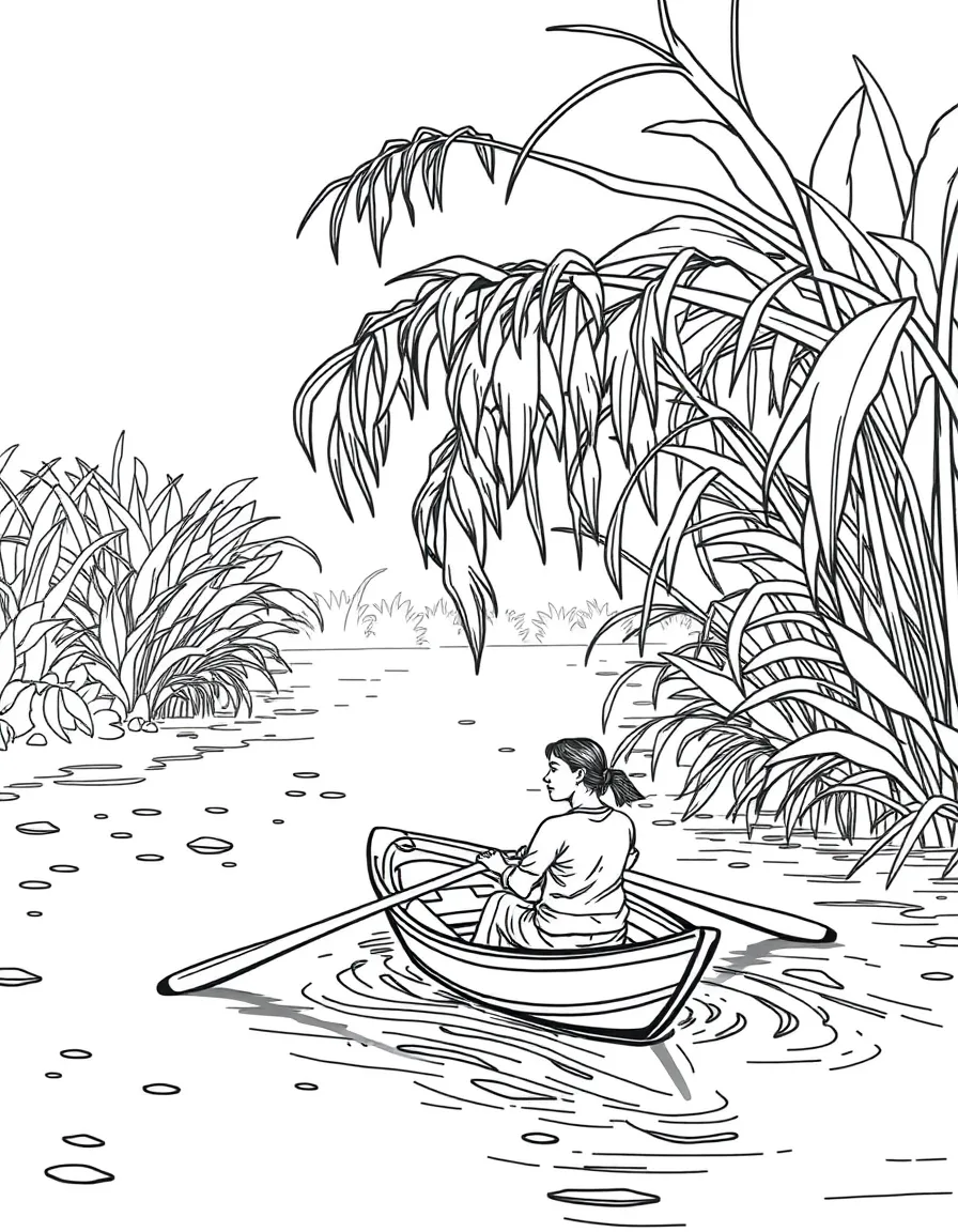 (Vietnam) A small wooden sampan boat rowing through the lush green canals of the Mekong Delta.