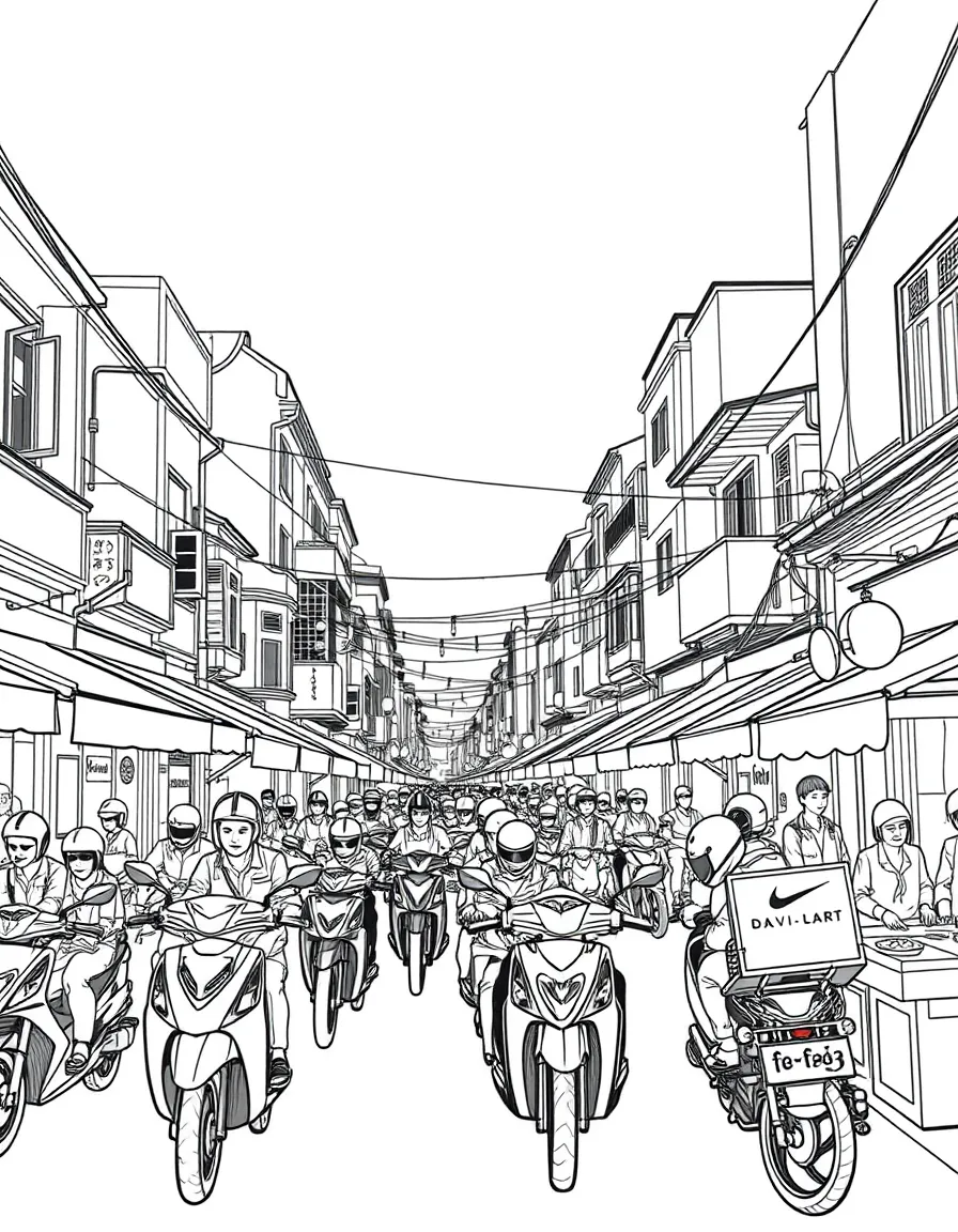 (Vietnam) A bustling street in Hanoi’s Old Quarter with many scooters and street food stalls.