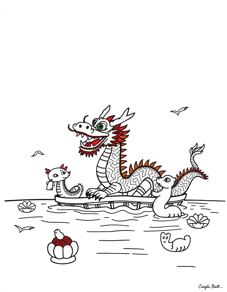 (Vietnam) A traditional water puppet show with colorful dragon and animal puppets on a water stage.