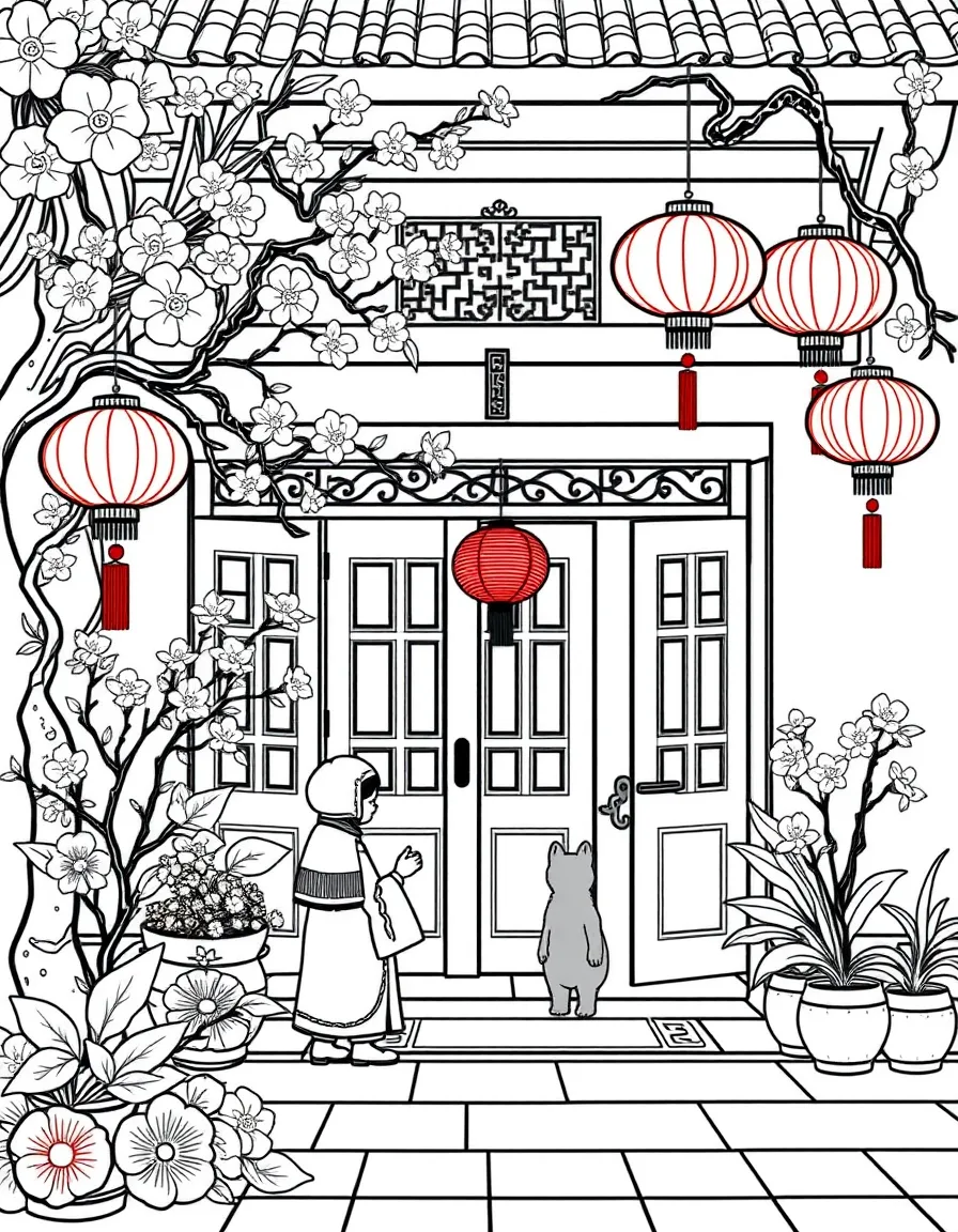 (Vietnam) A family decorating their home with peach blossoms and red lanterns for Tết (New Year).