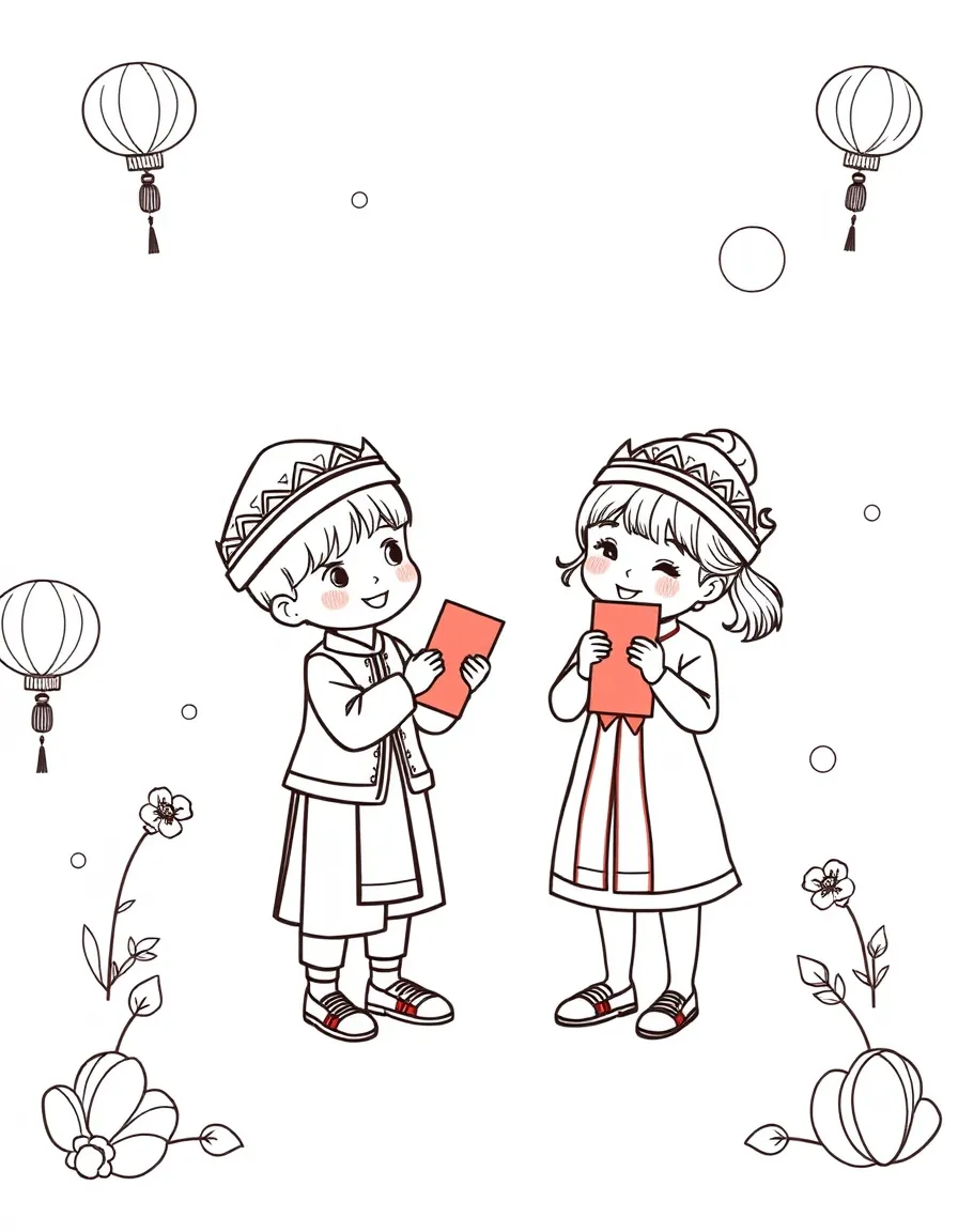 (Vietnam) Children in bright traditional outfits receiving lucky red envelopes during Tết.