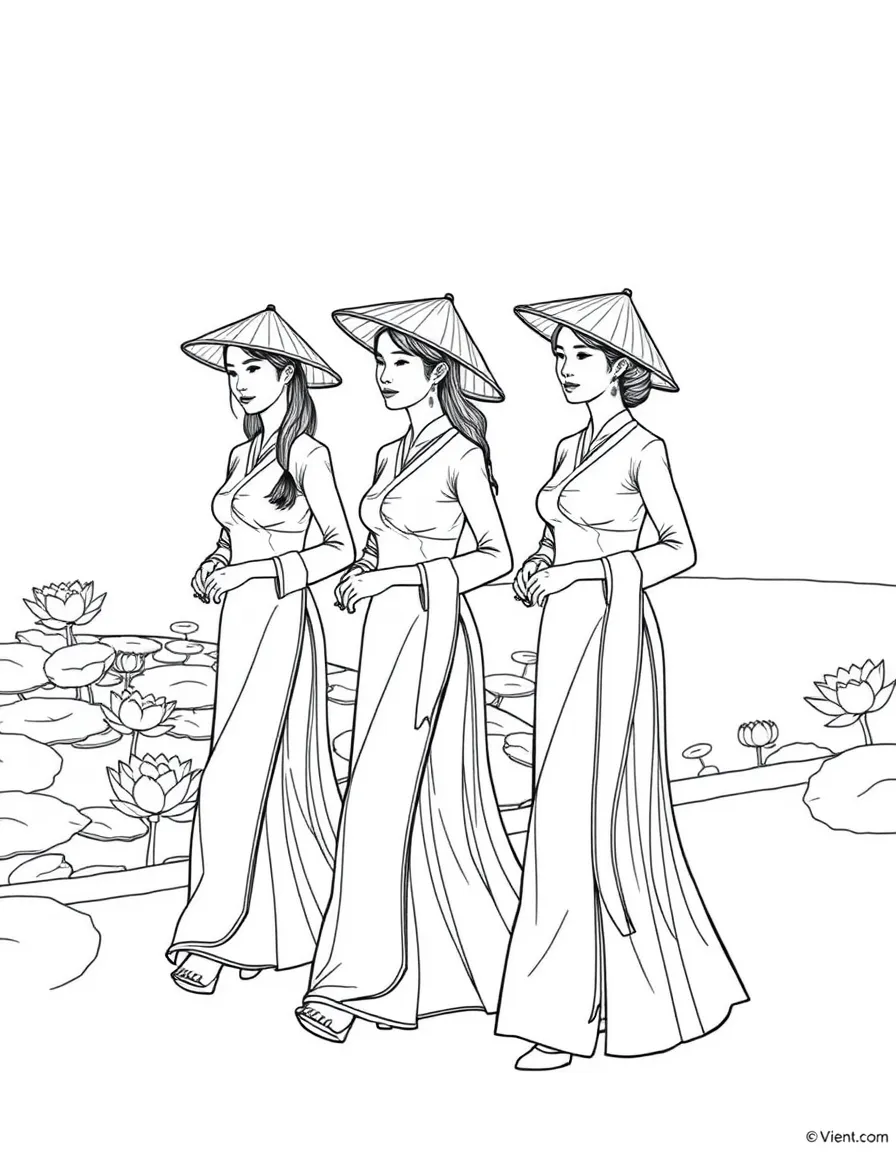 (Vietnam) Women wearing long, elegant áo dài dresses and conical hats walking by a lotus pond.