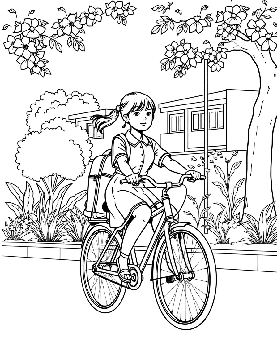 (Vietnam) A Vietnamese schoolgirl in a white áo dài uniform riding her bicycle to school.