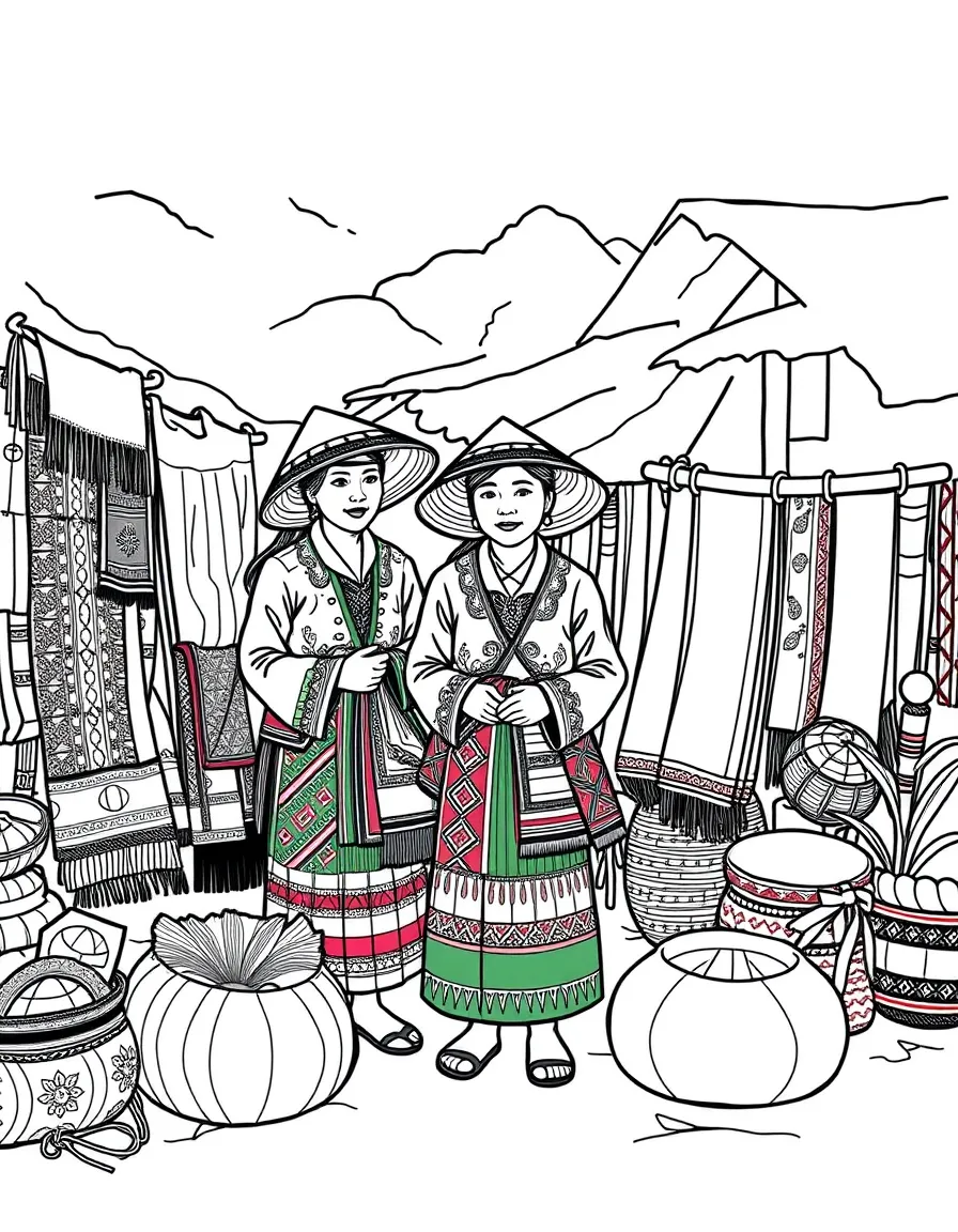 (Vietnam) Hill tribe women in colorful clothing selling handmade fabrics and crafts at a village market.