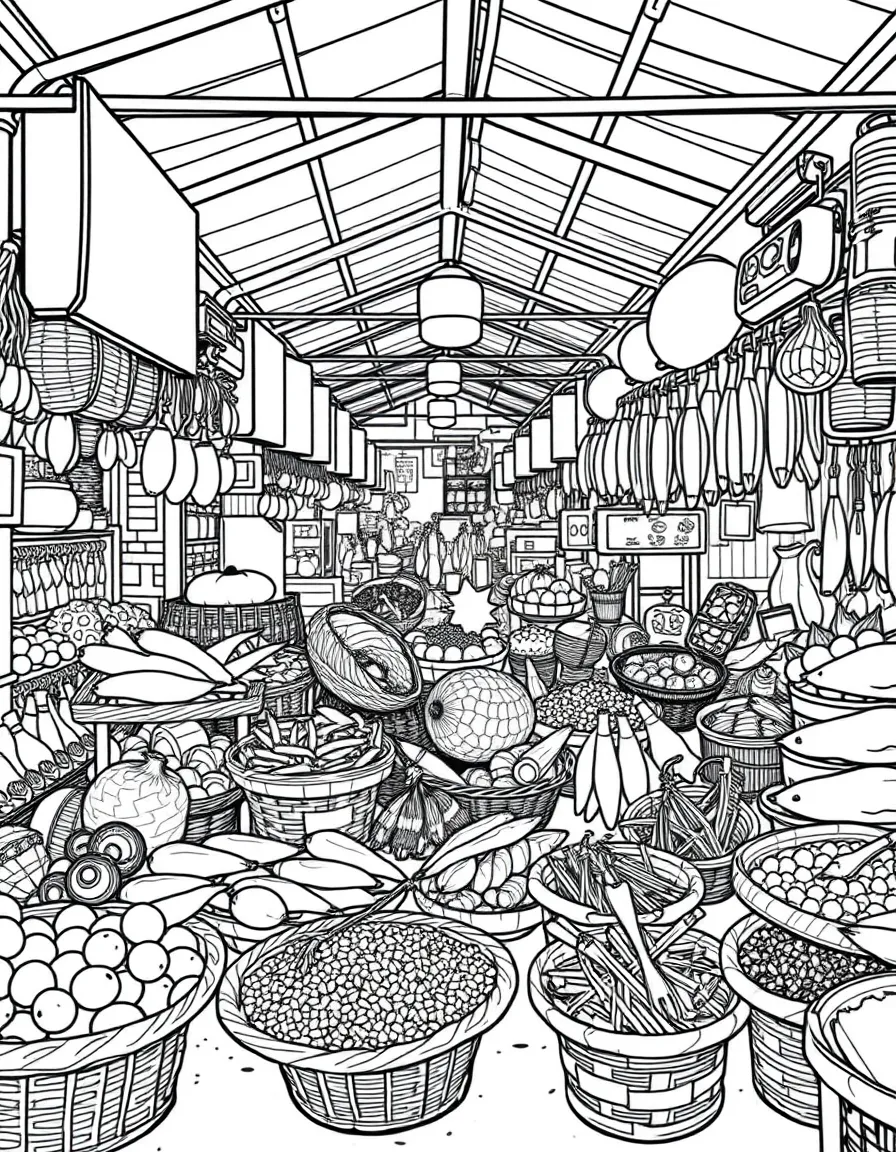 (Vietnam) A crowded open-air market with baskets of vegetables, fresh fish, and spices on display.