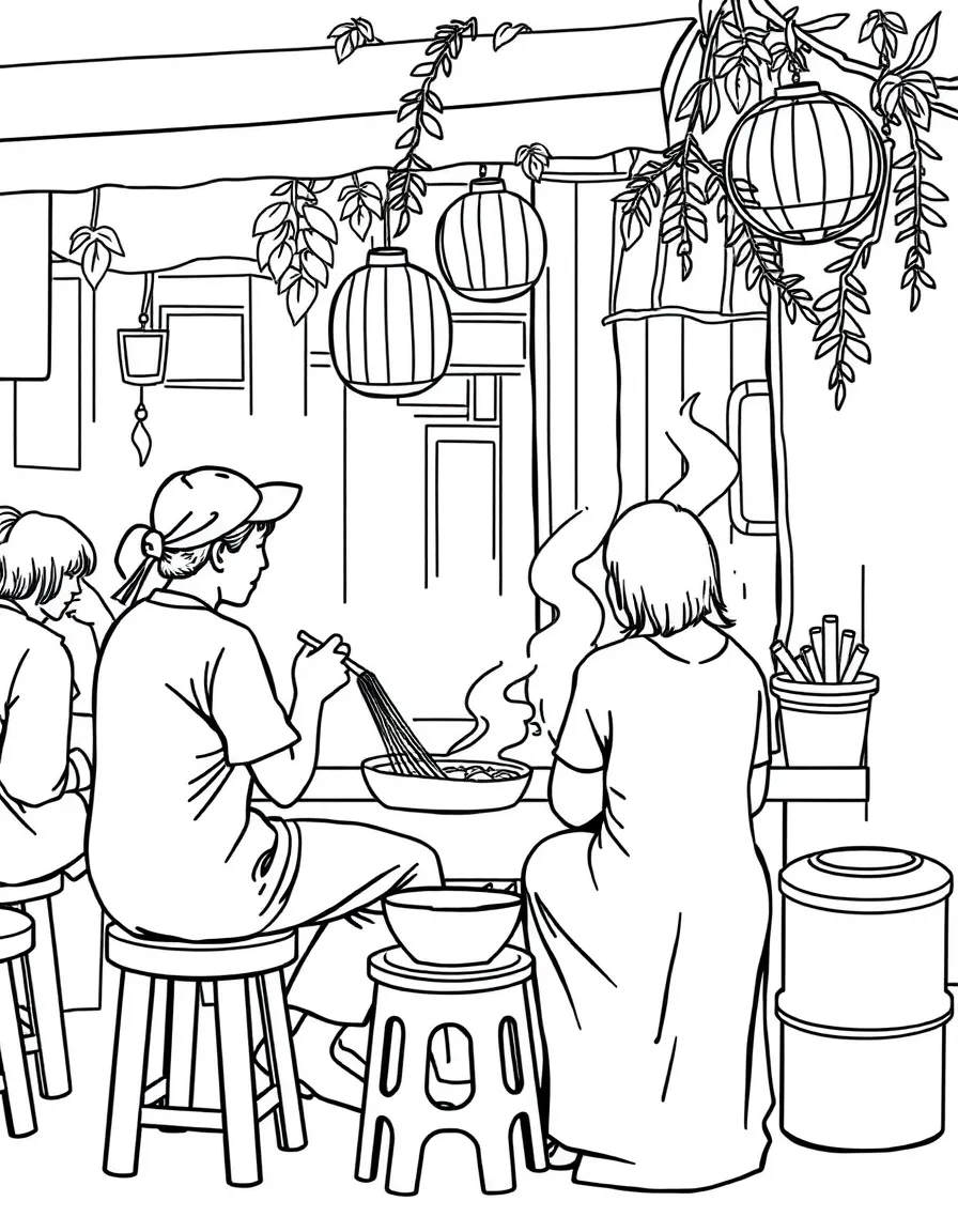(Vietnam) People sitting on small stools enjoying hot bowls of phở noodle soup at a street stall.