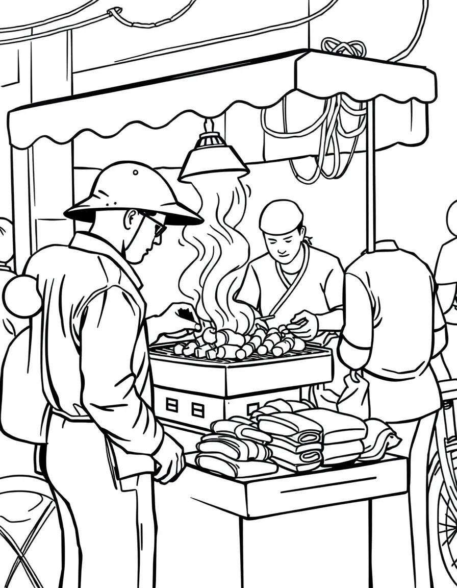 (Vietnam) A street vendor grilling meat and filling bánh mì sandwiches for hungry customers.