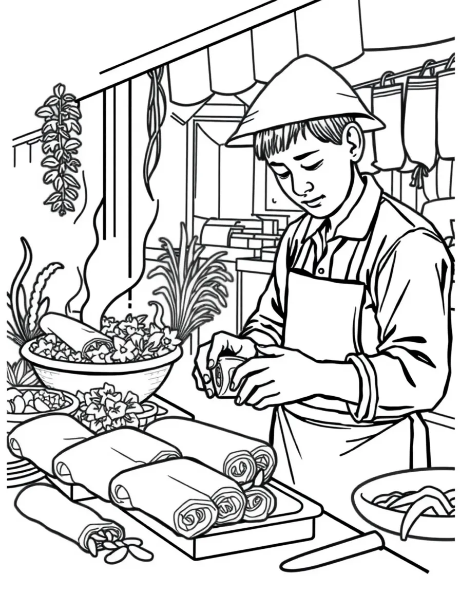 (Vietnam) A cook rolling fresh spring rolls with rice paper, shrimp, and herbs at a market stand.