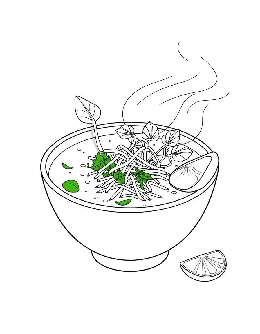 (Vietnam) A steaming bowl of phở soup topped with green herbs, bean sprouts, and lime wedges.