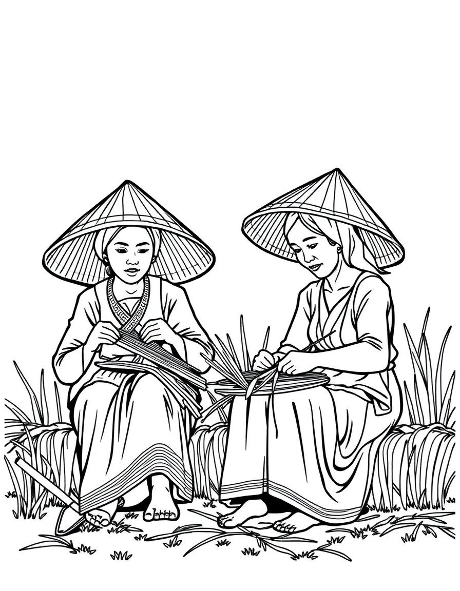 (Vietnam) Women in a rural village weaving conical hats (nón lá) from palm leaves.