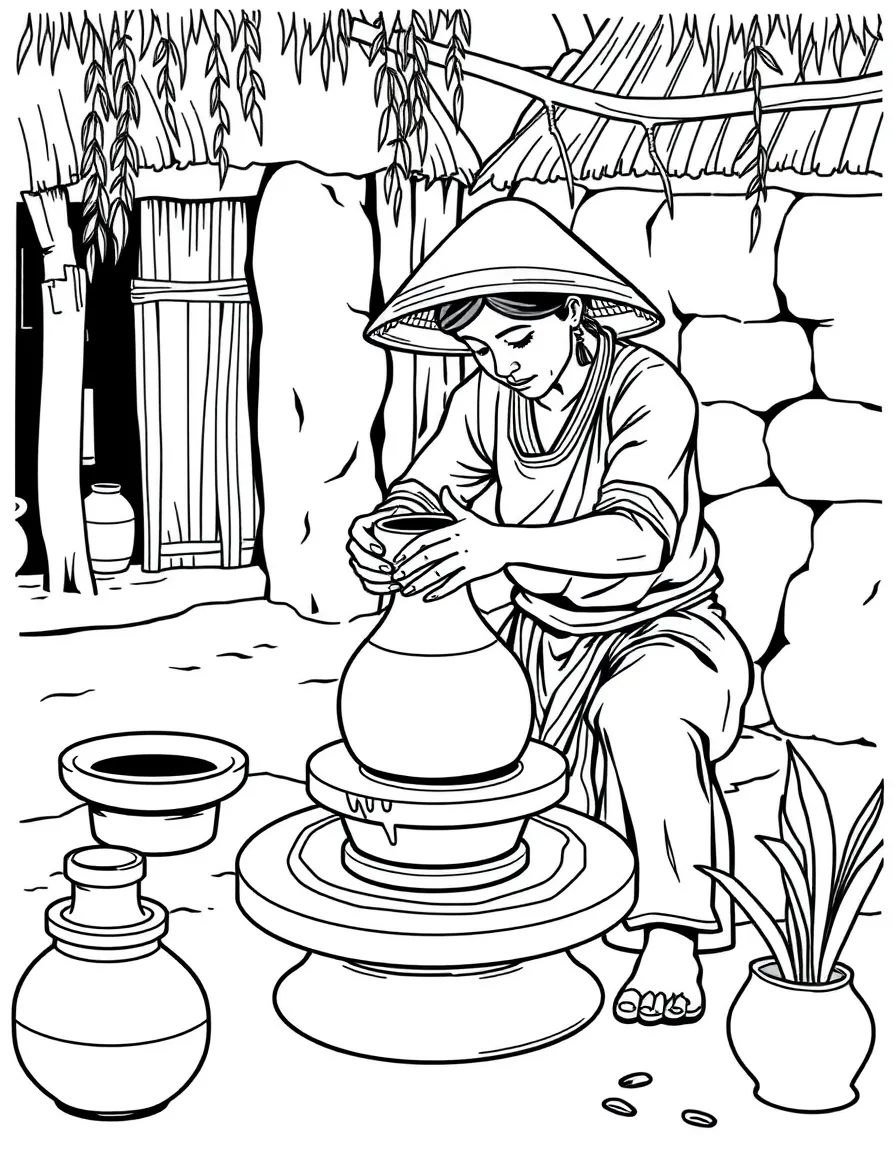 (Vietnam) A potter shaping clay on a spinning wheel to make a vase in a pottery village.