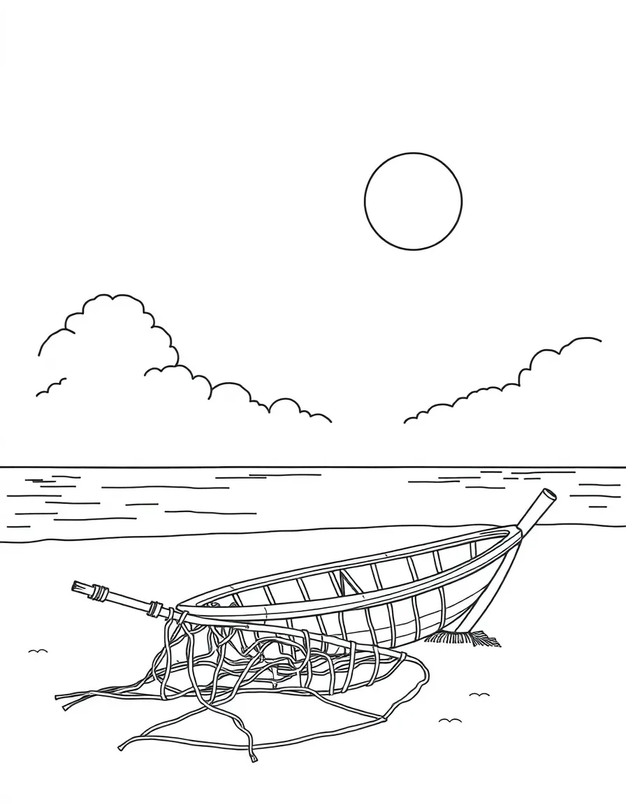 (Vietnam) A sunny beach with a round bamboo basket boat and fishing nets lying on the sand.