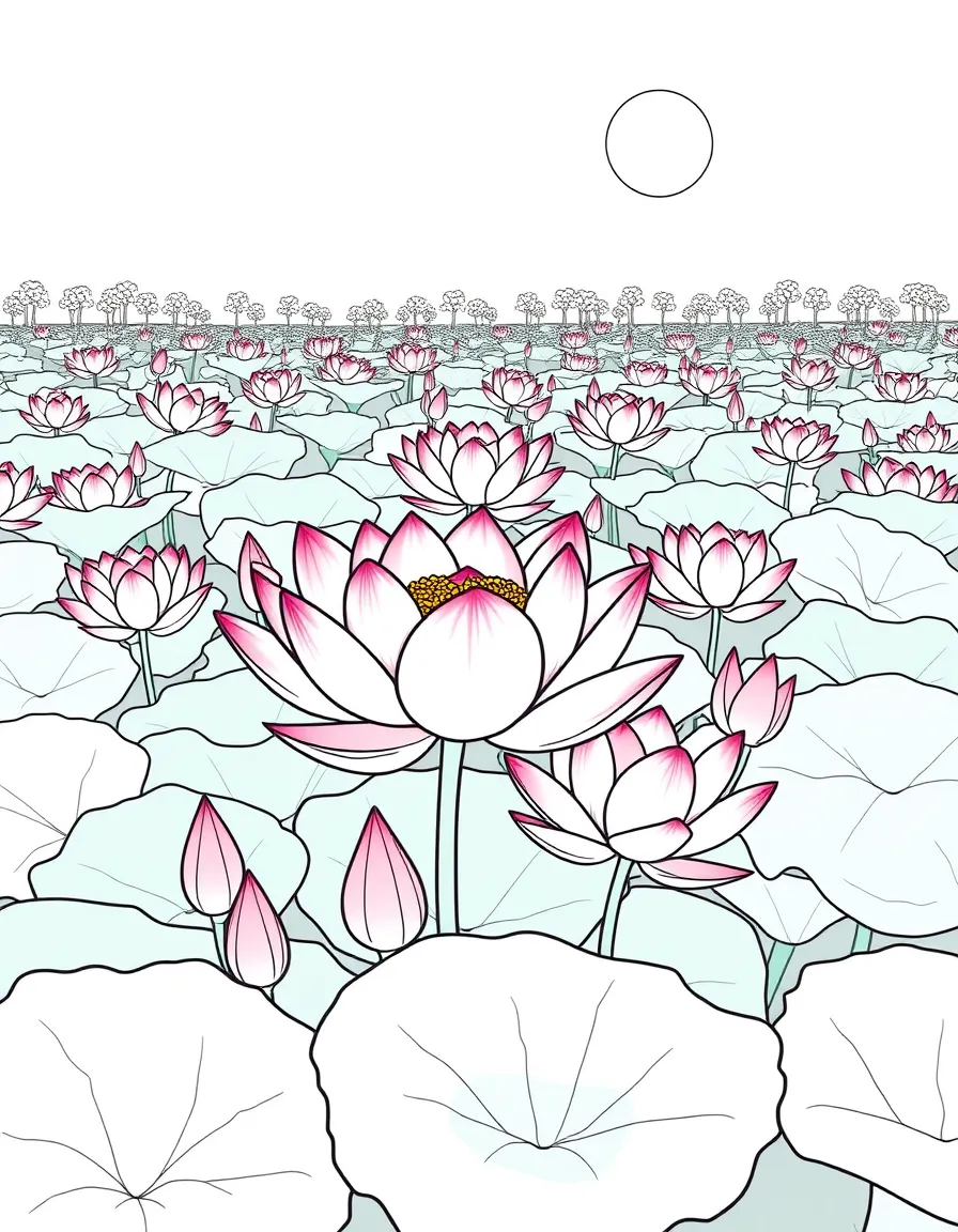 (Vietnam) A pond full of pink lotus flowers (Vietnam’s national flower) blooming under the sun.