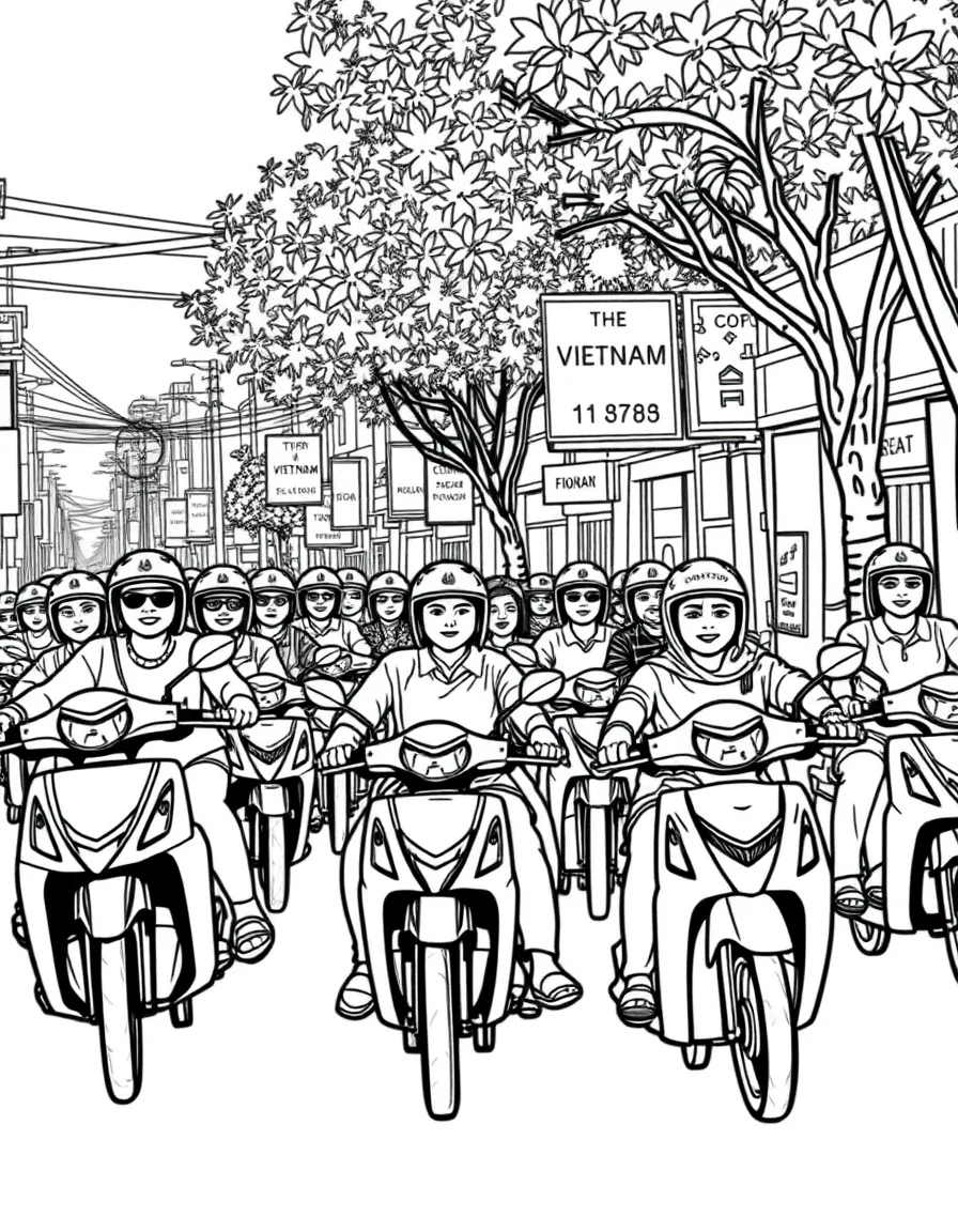 (Vietnam) A busy city street filled with families riding on motorcycles and scooters.