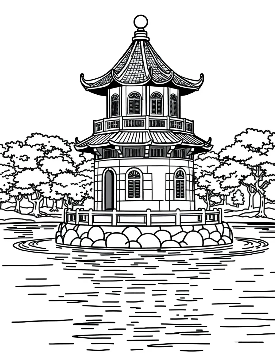(Vietnam) The small Turtle Tower on an island in Hanoi’s Hoàn Kiếm Lake surrounded by water and trees.