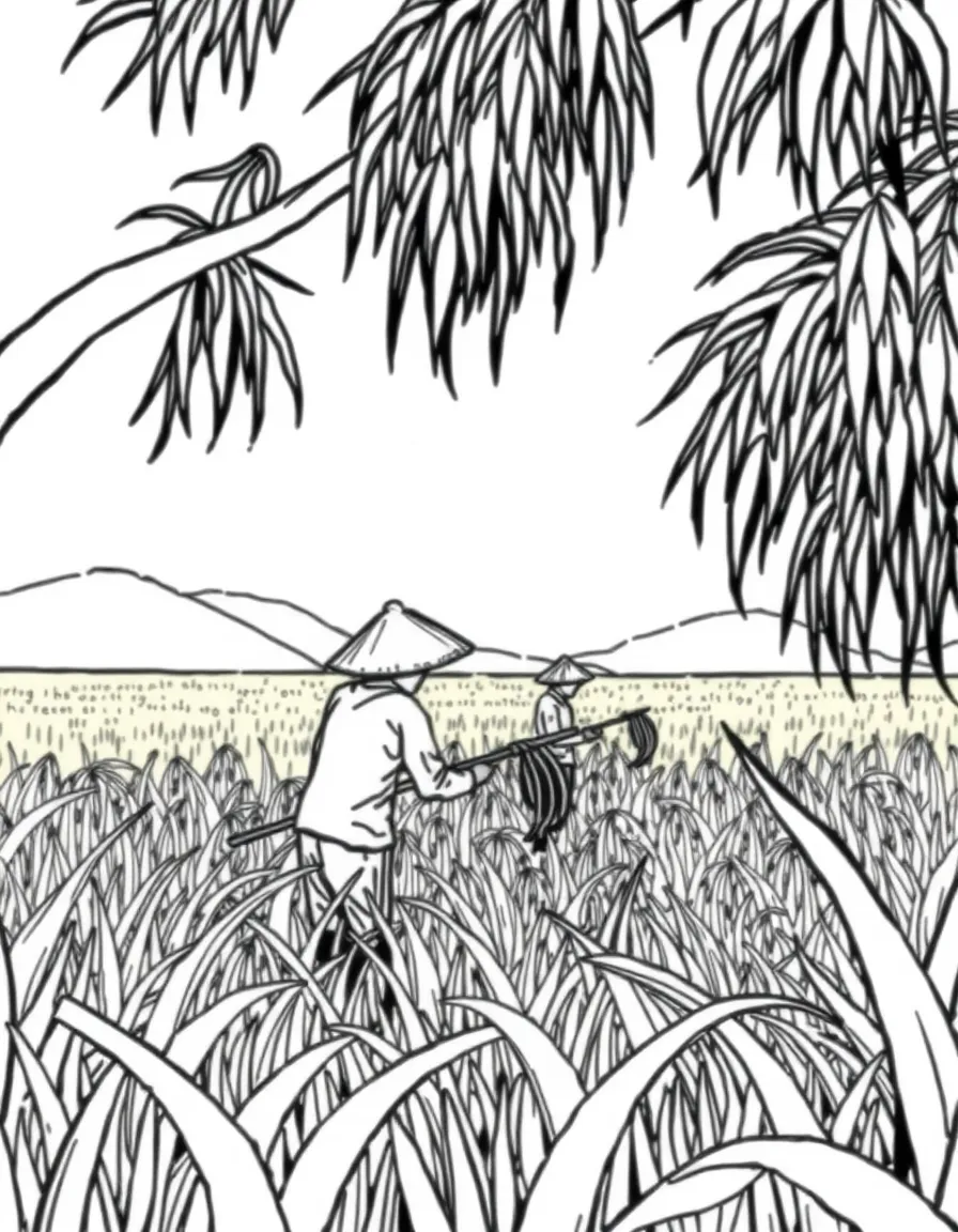 (Vietnam) Farmers harvesting ripe golden rice with sickles in a field at harvest time.