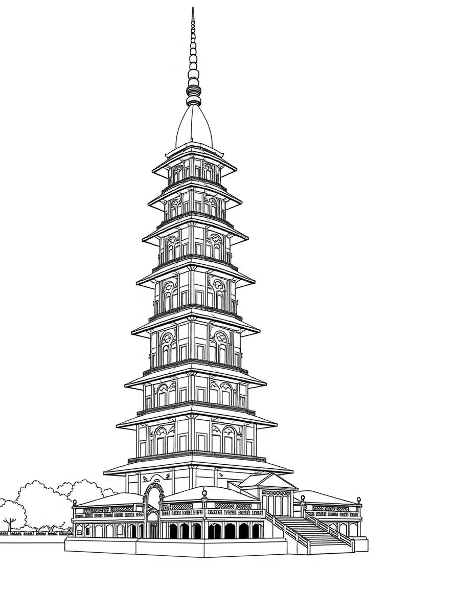 (Vietnam) The tall Thiên Mụ Pagoda by the Perfume River in Huế with its many-tiered tower.