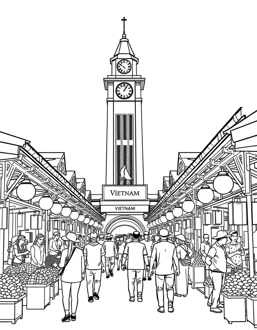 (Vietnam) The famous Bến Thành Market in Ho Chi Minh City with its clock tower and bustling stalls.