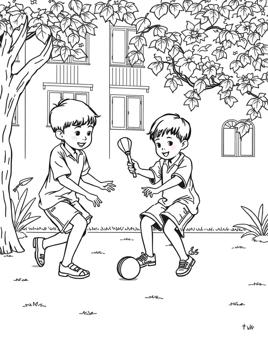 (Vietnam) Children playing đá cầu (a shuttlecock kicking game) together in a schoolyard.