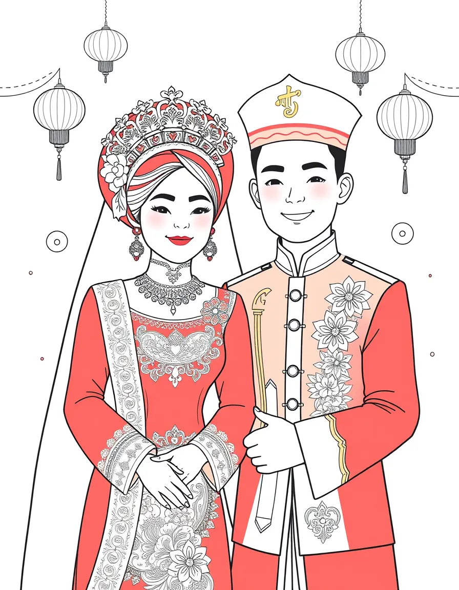 (Vietnam) A bride and groom wearing red and gold traditional wedding outfits during a Vietnamese ceremony.