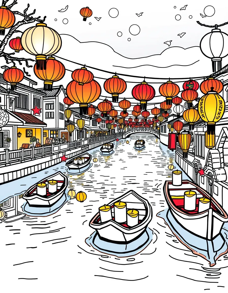 (Vietnam) Colorful candle-lit lanterns floating on the river in Hội An during the lantern festival.