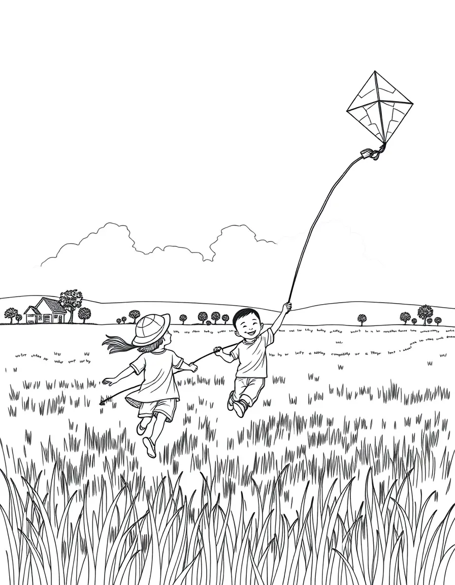 (Vietnam) Children running and flying kites in a green field in the Vietnamese countryside.