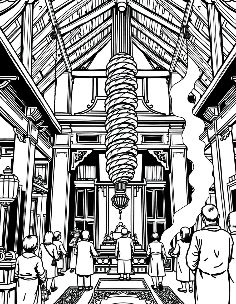 (Vietnam) The interior of a temple with large hanging spiral incense coils and people praying.