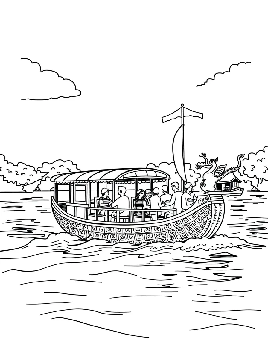 (Vietnam) A colorful dragon boat sailing on the Perfume River in Huế, full of passengers.