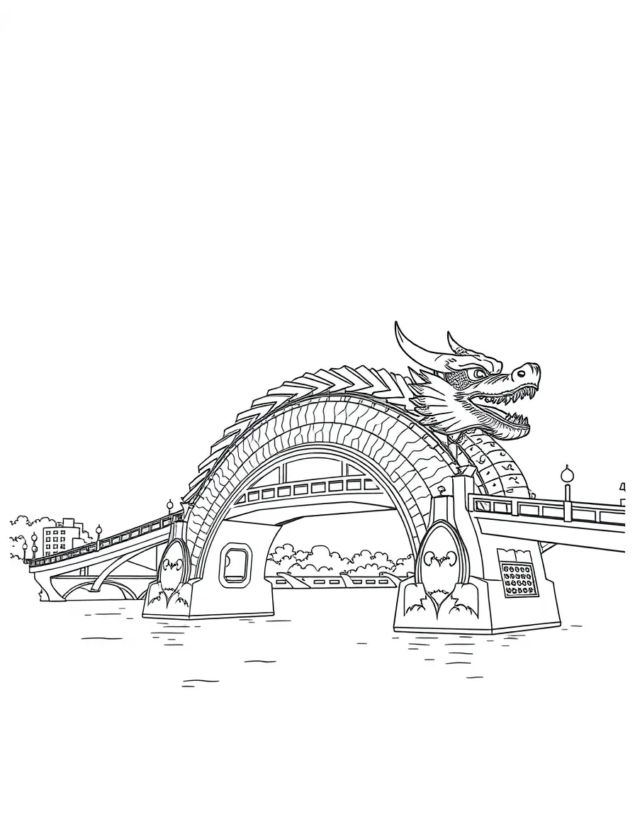 (Vietnam) The Dragon Bridge in Đà Nẵng shaped like a dragon, glowing with lights at night.