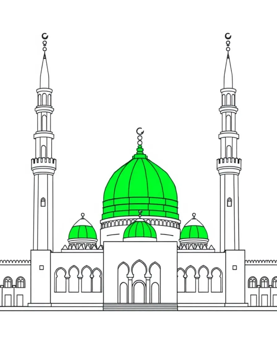 (Saudi Arabia) The Prophet’s Mosque in Medina, with its green dome and tall white minarets.