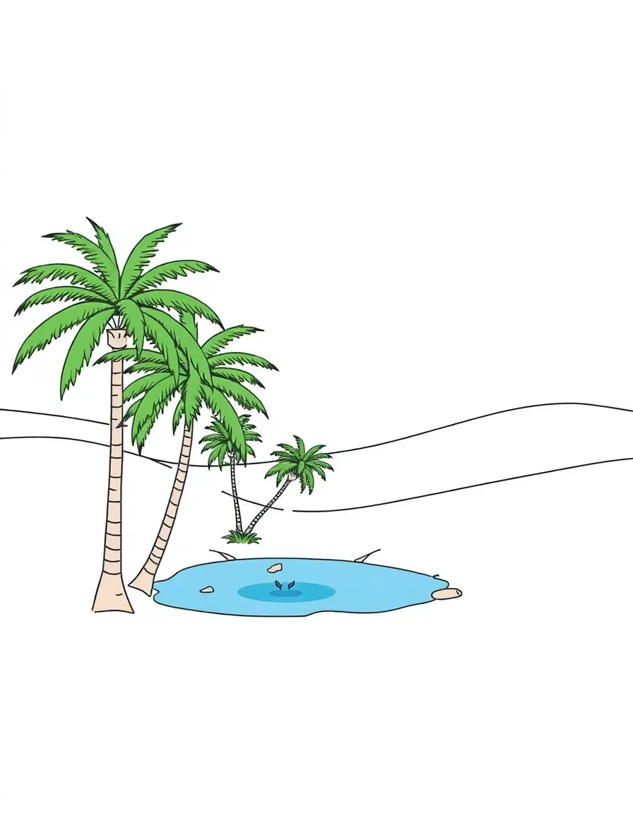 (Saudi Arabia) A peaceful desert oasis with green palm trees and a small blue pond among the dunes.