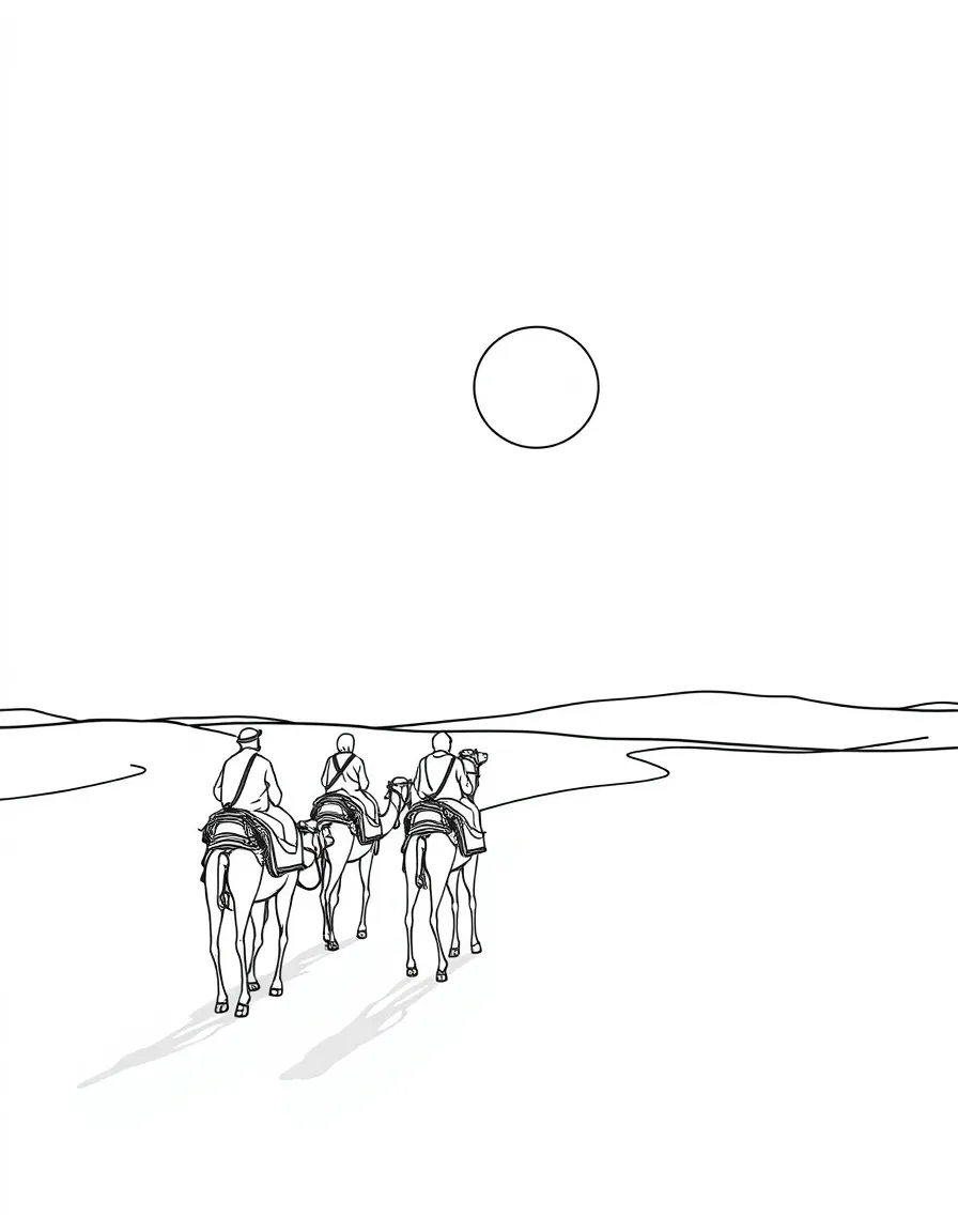 (Saudi Arabia) A long caravan of camels with riders crossing the open desert under the hot sun.