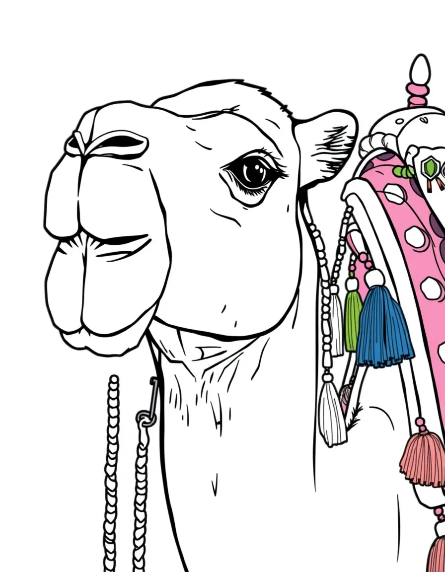 (Saudi Arabia) A close-up of a camel’s face and hump, wearing colorful tassels and a saddle.