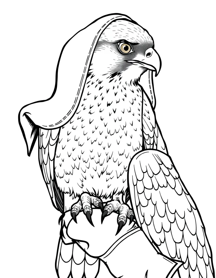 (Saudi Arabia) A proud falcon wearing a leather hood perched on its trainer’s gloved hand.