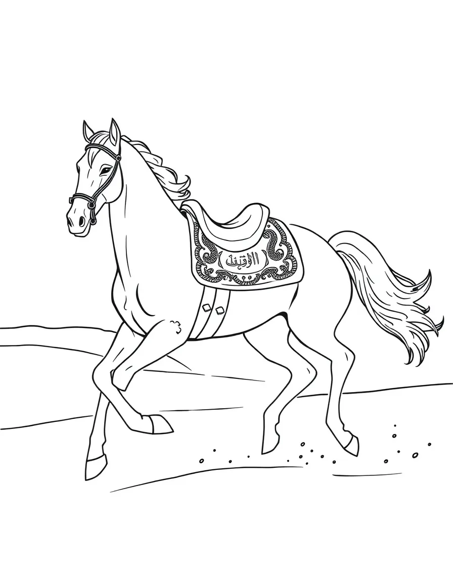 (Saudi Arabia) A sleek Arabian horse with a decorated saddle galloping across the desert.