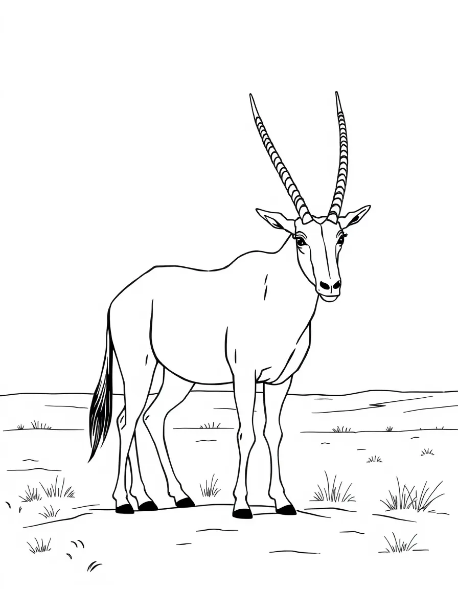 (Saudi Arabia) A white Arabian oryx with long straight horns standing on the sandy plains.