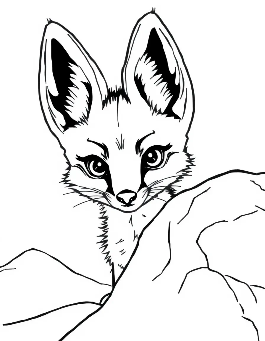 (Saudi Arabia) A tiny fennec fox with huge ears peeking out from behind a desert rock.