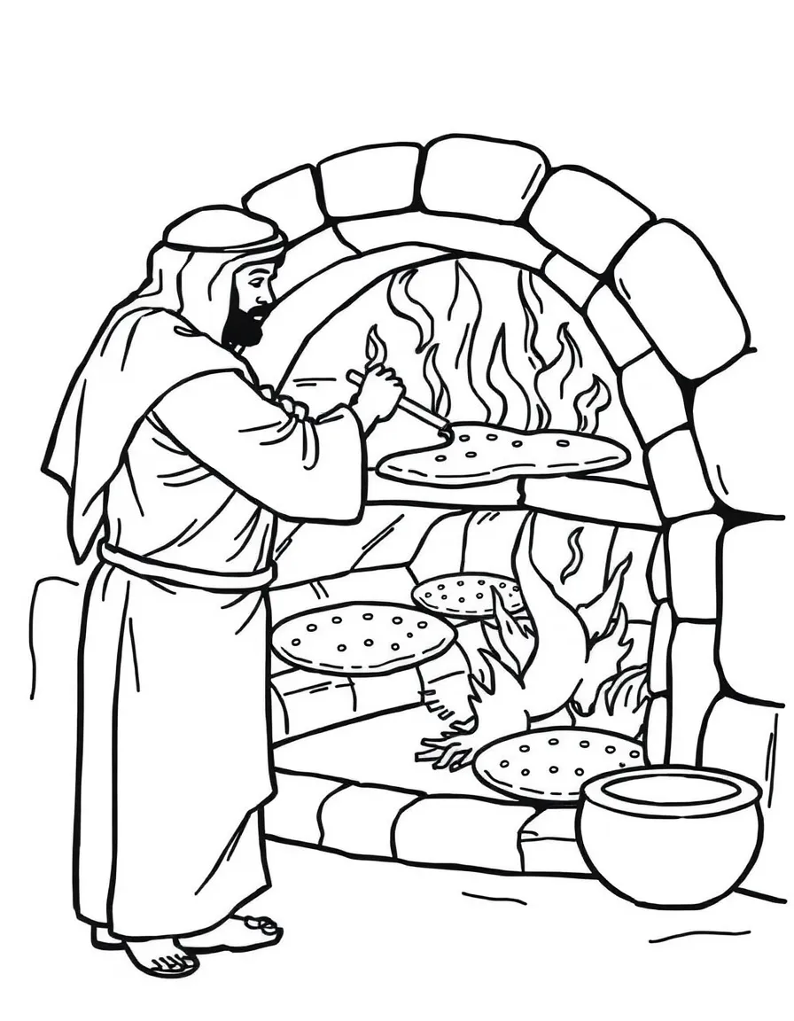 (Saudi Arabia) A baker sticking flat bread dough onto the hot walls of a clay oven to bake khubz.