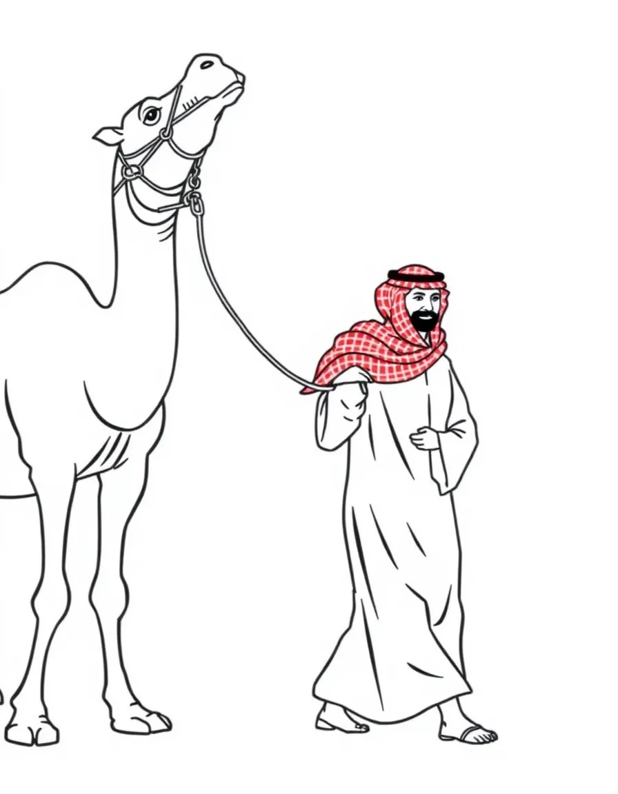 (Saudi Arabia) A Bedouin man in a white thobe and red checked shemagh leading a camel by a rope.