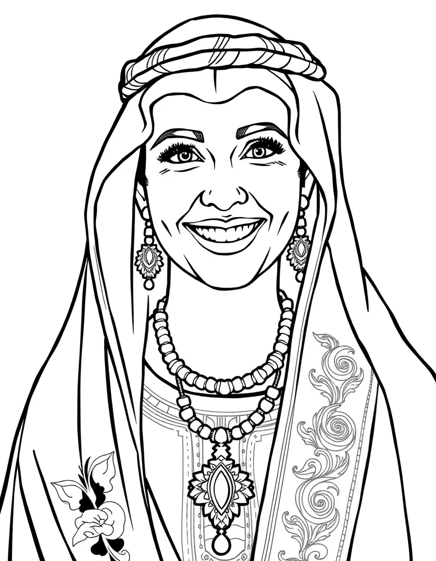 (Saudi Arabia) A woman wearing a traditional embroidered Saudi dress and gold jewelry, smiling brightly.
