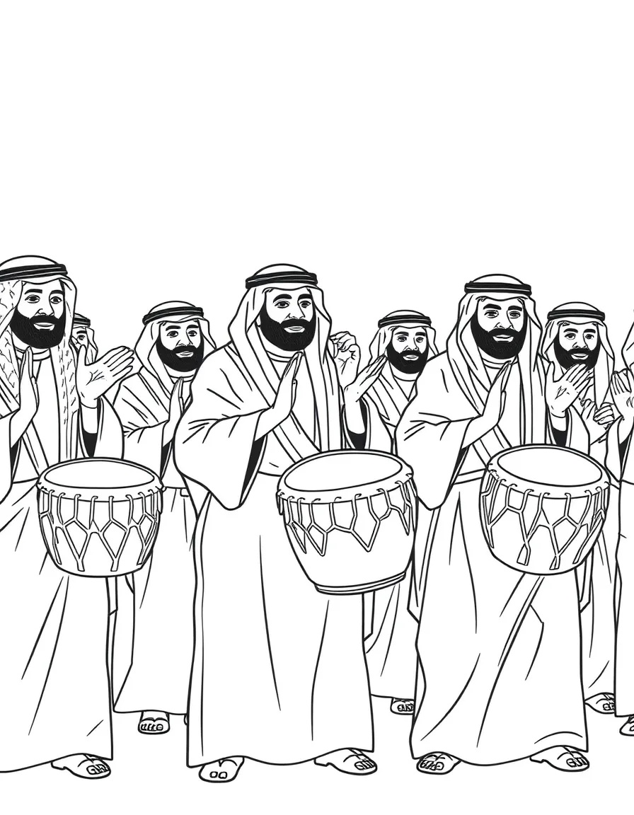 (Saudi Arabia) A group of men clapping and drumming on goblet drums at a cultural festival.