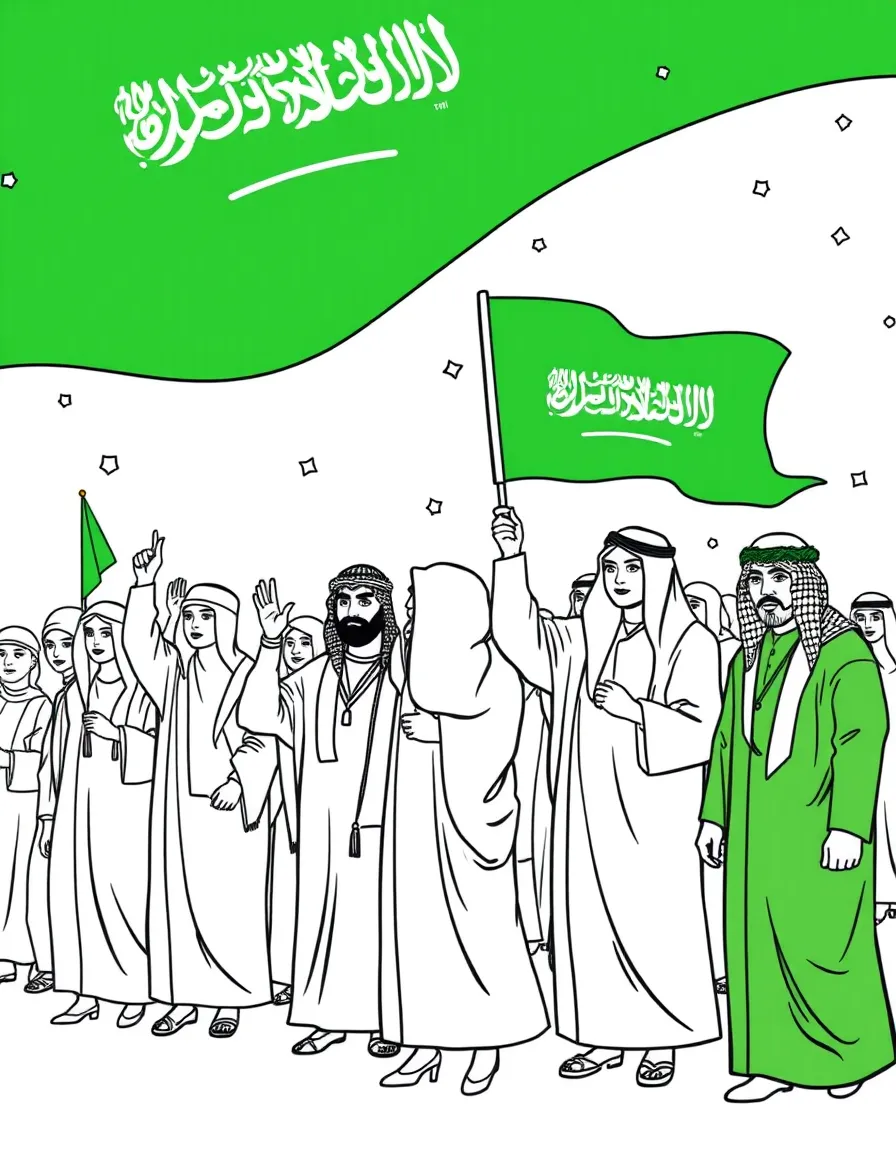 (Saudi Arabia) People celebrating Saudi National Day with green flags, traditional dress, and festivities.