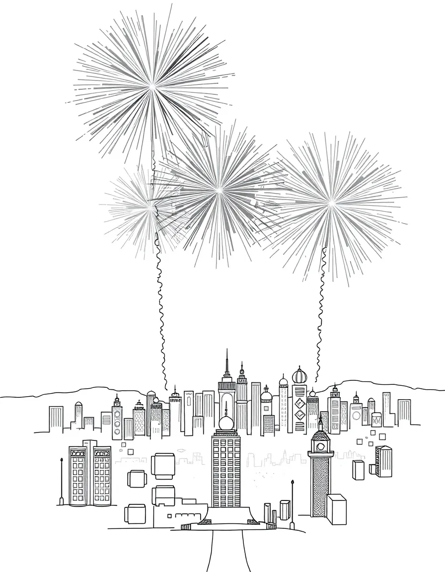 (Saudi Arabia) Bright fireworks exploding in the night sky over Riyadh’s skyline during National Day.